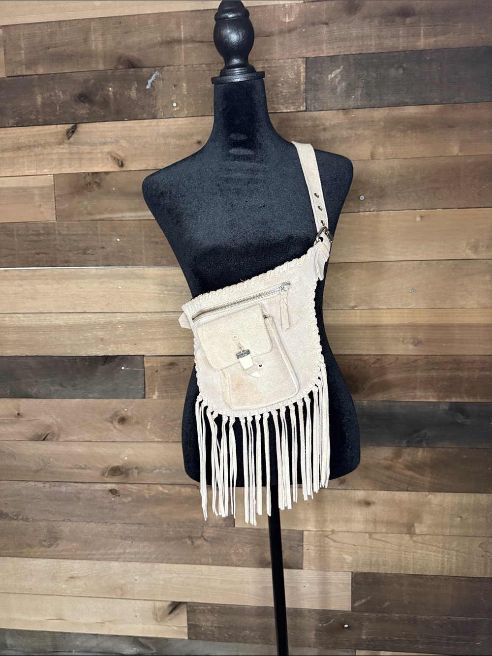 Raj Beige Suede Fringe Crossbody Bag 100% leather